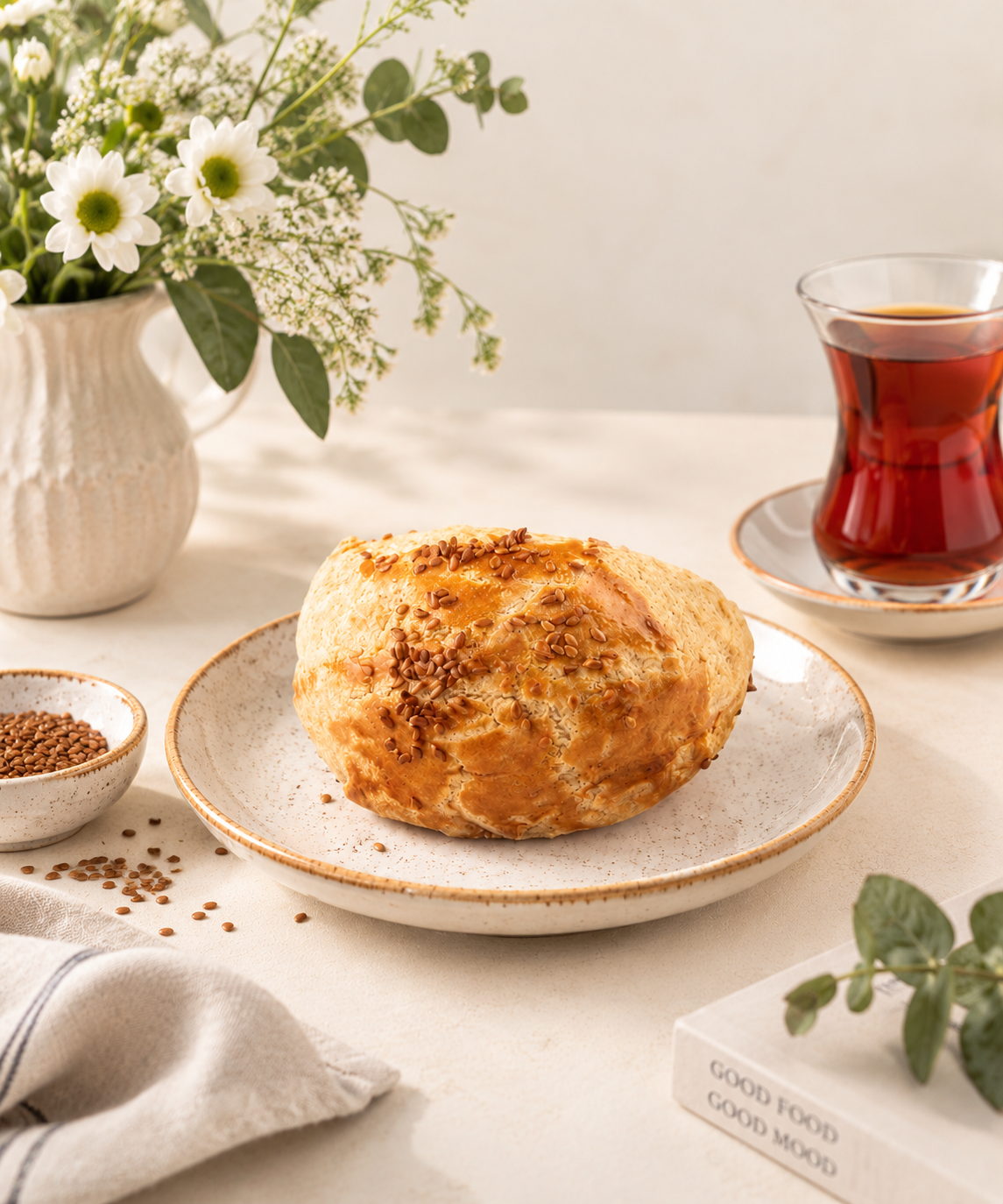 Cozy Pastry and Tea Still Life Börekitas / Köz Patlıcanlı Poğaça - Görsel 1