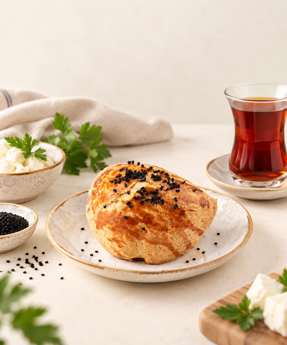 Rustic Poğaça and Turkish Tea Breakfast Peynirli Poğaça / Ekşi Mayalı - Görsel 1